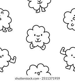 Cute kawaii lucky clover cartoon character. Seamless pattern. Coloring Page. Hand drawn style. Vector drawing. Design ornaments.