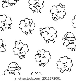 Cute kawaii lucky clover cartoon character. Seamless pattern. Coloring Page. Hand drawn style. Vector drawing. Design ornaments.