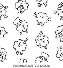 Cute kawaii lucky clover cartoon character. Seamless pattern. Coloring Page. Hand drawn style. Vector drawing. Design ornaments.