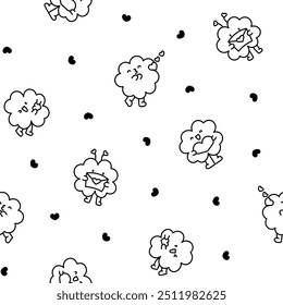 Cute kawaii lucky clover cartoon character. Seamless pattern. Coloring Page. Hand drawn style. Vector drawing. Design ornaments.