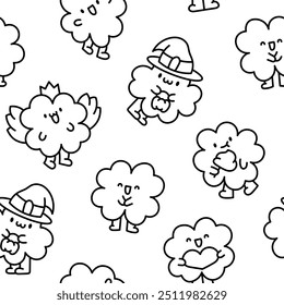 Cute kawaii lucky clover cartoon character. Seamless pattern. Coloring Page. Hand drawn style. Vector drawing. Design ornaments.