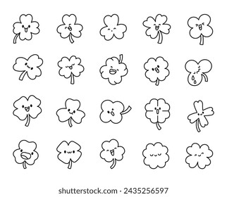 Cute kawaii lucky clover. Coloring Page. Cartoon funny characters. Hand drawn style. Vector drawing. Collection of design elements.