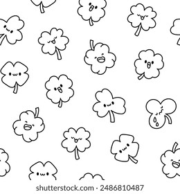 Cute kawaii lucky clover. Seamless pattern. Coloring Page. Cartoon funny characters. Hand drawn style. Vector drawing. Design ornaments.