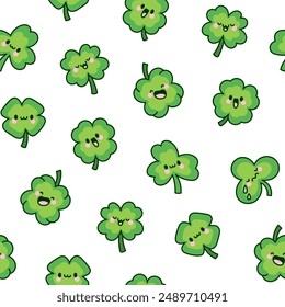 Cute kawaii lucky clover. Seamless pattern. Cartoon funny characters. Hand drawn style. Vector drawing. Design ornaments.