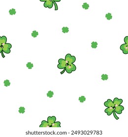 Cute kawaii lucky clover. Seamless pattern. Cartoon funny characters. Hand drawn style. Vector drawing. Design ornaments.