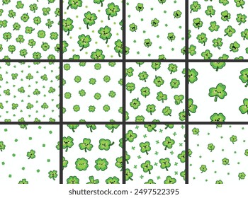 Cute kawaii lucky clover. Seamless pattern. Cartoon funny characters. Hand drawn style. Vector drawing. Collection of design ornaments.