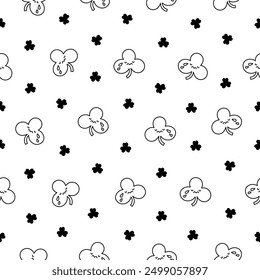 Cute kawaii lucky clover. Seamless pattern. Coloring Page. Cartoon funny characters. Hand drawn style. Vector drawing. Design ornaments.