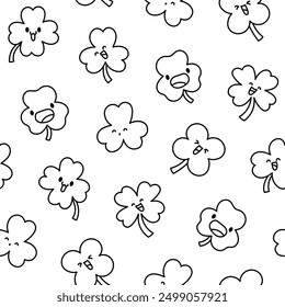 Cute kawaii lucky clover. Seamless pattern. Coloring Page. Cartoon funny characters. Hand drawn style. Vector drawing. Design ornaments.