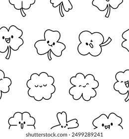 Cute kawaii lucky clover. Seamless pattern. Coloring Page. Cartoon funny characters. Hand drawn style. Vector drawing. Design ornaments.