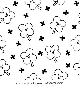 Cute kawaii lucky clover. Seamless pattern. Coloring Page. Cartoon funny characters. Hand drawn style. Vector drawing. Design ornaments.