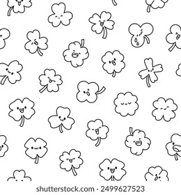 Cute kawaii lucky clover. Seamless pattern. Coloring Page. Cartoon funny characters. Hand drawn style. Vector drawing. Design ornaments.