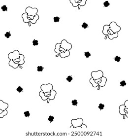 Cute kawaii lucky clover. Seamless pattern. Coloring Page. Cartoon funny characters. Hand drawn style. Vector drawing. Design ornaments.