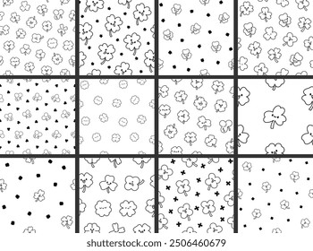 Cute kawaii lucky clover. Seamless pattern. Coloring Page. Cartoon funny characters. Hand drawn style. Vector drawing. Collection of design ornaments.