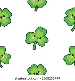 Cute kawaii lucky clover. Seamless pattern. Cartoon funny characters. Hand drawn style. Vector drawing. Design ornaments.