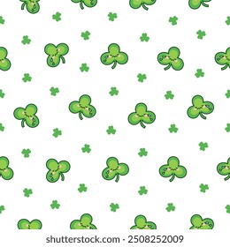 Cute kawaii lucky clover. Seamless pattern. Cartoon funny characters. Hand drawn style. Vector drawing. Design ornaments.