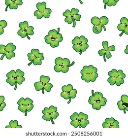 Cute kawaii lucky clover. Seamless pattern. Cartoon funny characters. Hand drawn style. Vector drawing. Design ornaments.