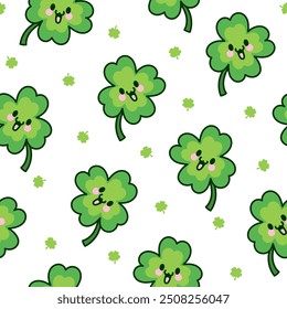 Cute kawaii lucky clover. Seamless pattern. Cartoon funny characters. Hand drawn style. Vector drawing. Design ornaments.