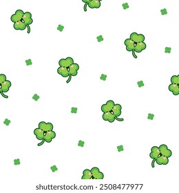 Cute kawaii lucky clover. Seamless pattern. Cartoon funny characters. Hand drawn style. Vector drawing. Design ornaments.