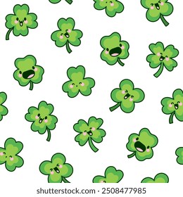 Cute kawaii lucky clover. Seamless pattern. Cartoon funny characters. Hand drawn style. Vector drawing. Design ornaments.