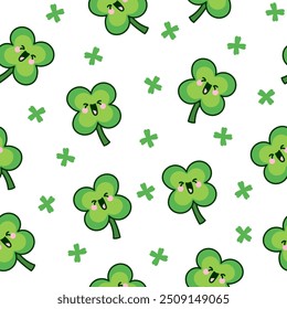 Cute kawaii lucky clover. Seamless pattern. Cartoon funny characters. Hand drawn style. Vector drawing. Design ornaments.