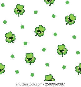 Cute kawaii lucky clover. Seamless pattern. Cartoon funny characters. Hand drawn style. Vector drawing. Design ornaments.