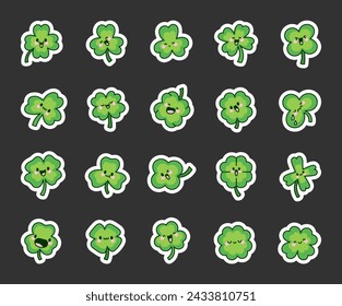 Cute kawaii lucky clover. Sticker Bookmark. Cartoon funny characters. Hand drawn style. Vector drawing. Collection of design elements.