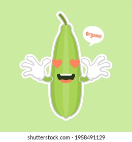 Cute and kawaii Luffa cartoon character. Loofah (Luffa acutangula), or sponge gourd, vegan plant. Hand drawn botanical vector illustration. Loffa vegetarian plant. Vegetable vector illustration