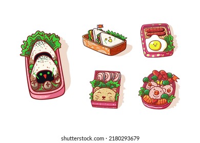 Caja de almuerzo dulce y kawaii con Onigiri, cerdo, arroz frito con forma de gato y menú de emparedado colorido Ilustración