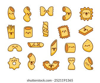 Cute kawaii macaroni. Adorable cartoon pasta. Hand drawn style. Vector drawing. Collection of design elements.