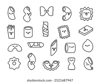 Süße Kawaii-Makkaroni. Malvorlage. Bezaubernde Cartoon-Nudeln. Handgezeichneter Stil. Vektorgrafik. Sammlung von Gestaltungselementen.