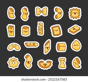 Cute kawaii macaroni. Sticker Bookmark. Adorable cartoon pasta. Hand drawn style. Vector drawing. Collection of design elements.