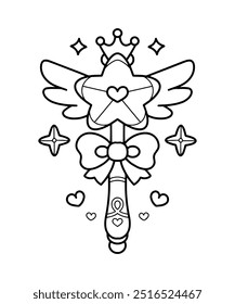 Cute kawaii magic wand coloring page illustration