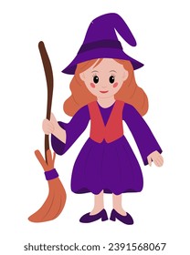 Cute kawaii magical female character. Young witch with mop. Female fictional character in flat cartoon style. Perfect for printout, stickers, prints