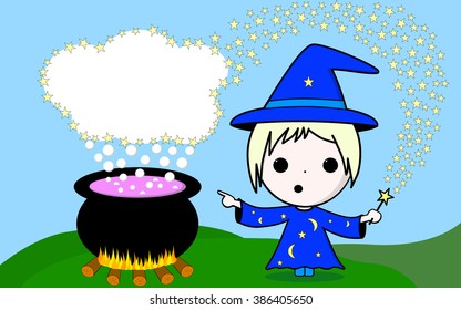 Cute Kawaii magician in a blue dress with stars and moons and a magic wandcasting a spell