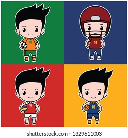 cute kawaii male kid vector flat character colorful on rugby, basketball, soccer, volleyball sport costume 