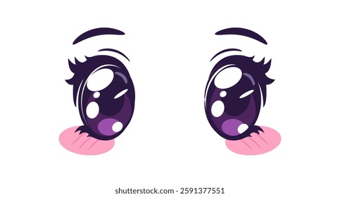 Cute kawaii manga anime eyes. Cartoon big anime eyes with sparkles and long lashes. Vector illustration