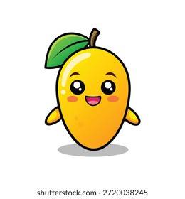 Cute Kawaii Mango Character with Big Eyes and Green Leaf fruit