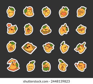 Lindo mango kawaii con cara divertida. Marcador de etiqueta. Caricatura de frutas. Estilo dibujado a mano. Dibujo de Vector. Colección de Elementos de diseño.