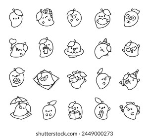 Cute kawaii mango with funny face. Coloring Page. Cartoon fruit character. Hand drawn style. Vector drawing. Collection of design elements.