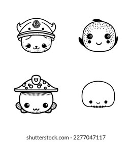 cute kawaii marine head collection set line art hand drawn illustration