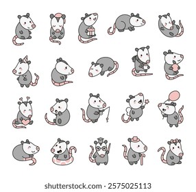 Cute kawaii marsupial opossum set with funny sitting poses and charming cartoon characters for kids illustration projects and friendly creative animal design ideas