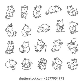 Cute kawaii marsupial opossum set with funny sitting poses and charming cartoon characters for kids illustration projects and friendly creative animal design ideas