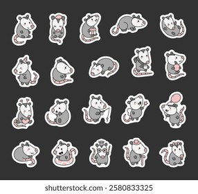 Cute kawaii marsupial opossum set with funny sitting poses and charming cartoon characters for kids illustration projects and friendly creative animal design ideas