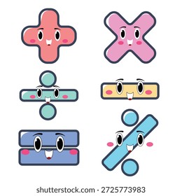 Süße Kawaii Mathematik Symbole Vektor Pastell farbige flache Stil Bildung Illustration, handgezeichnete Cartoon Mathematik Symbole für Lernen, Schule, Kinderdesign, Studium, und Bildung Thema