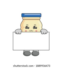 cute kawaii mayonnaise characters standing behind a board
