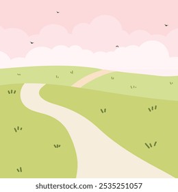 Süße Kawaii-Wiesenlandschaft mit Wolke und Vogel auf dem Hintergrund