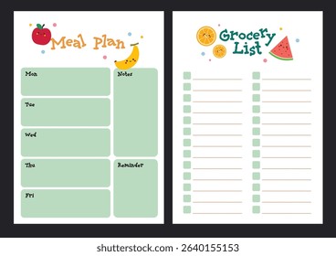 Cute kawaii meal plan and grocery list set with blank colorful template great for organizing weekly meals shopping and family food planning fun for kids and adults.