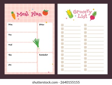 Cute kawaii meal plan and grocery list set with blank colorful template great for organizing weekly meals shopping and family food planning fun for kids and adults.