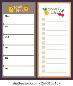 Cute kawaii meal plan and grocery list set with blank colorful template great for organizing weekly meals shopping and family food planning fun for kids and adults.