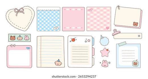 Cute Kawaii Memo Pads and Stationery Frames Set. Paper Notes, Planner, Scrapbook